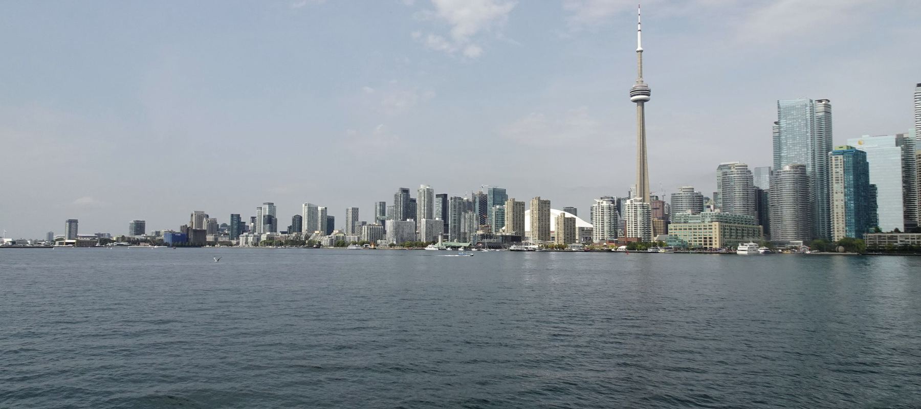 The Toronto skyline seen across Lake Ontario, with the CN Tower and the downtown financial district.