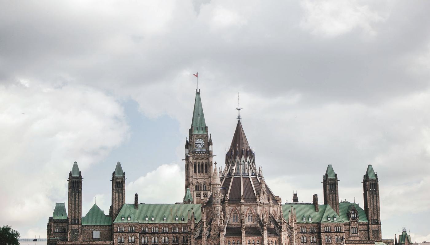 The Parliament Buildings on Parliament Hill in Ottawa, Ontario, viewed from across the Ottawa River.